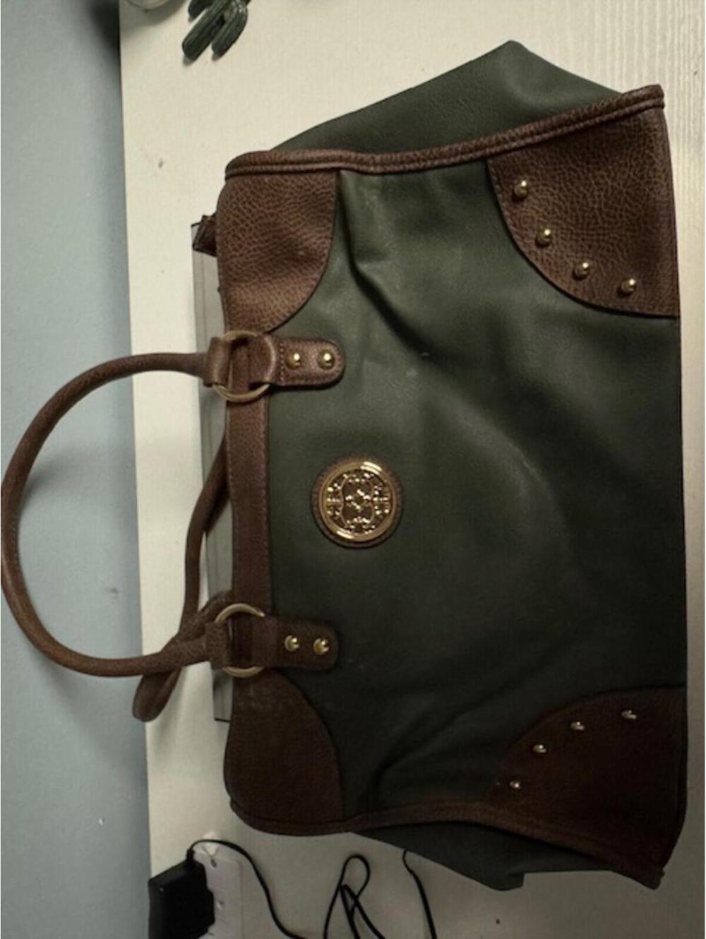 Stylish Brown and Dark Green Tote Bag with Gold Accent